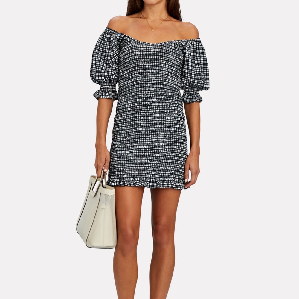 Faithfull the Brand Black and White Gingham Off-Shoulder Mini Dress